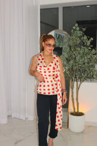 SATIN RED POLKA TOP